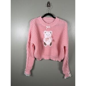 Romwe Pink Teddy Bear Bow Cable Knit Cropped Sweater Coquette Cottagecore L
